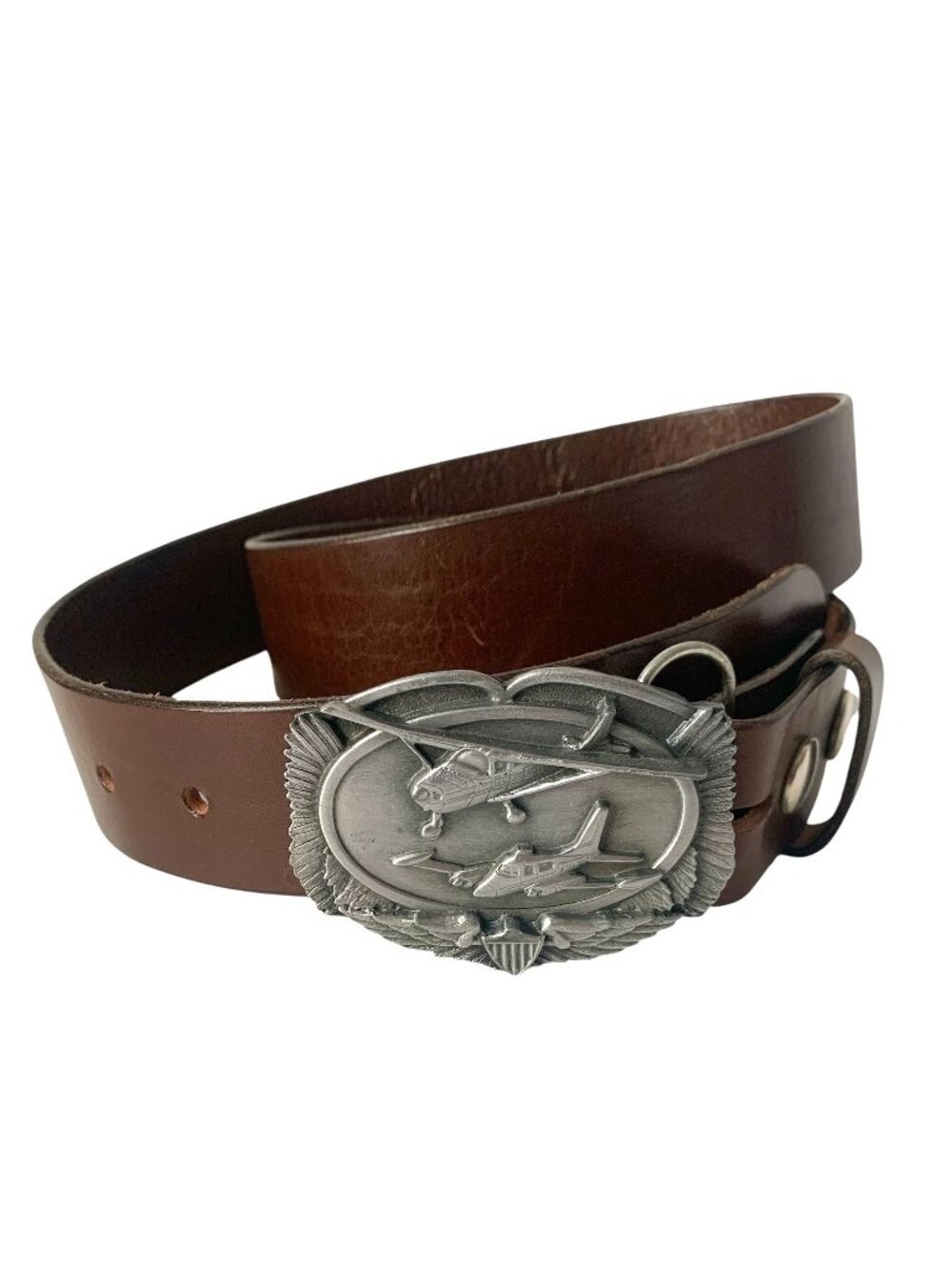 Vintage Brown Leather Belt With Aircraft Pewter Buckle By Siskiyou Buckle Co.